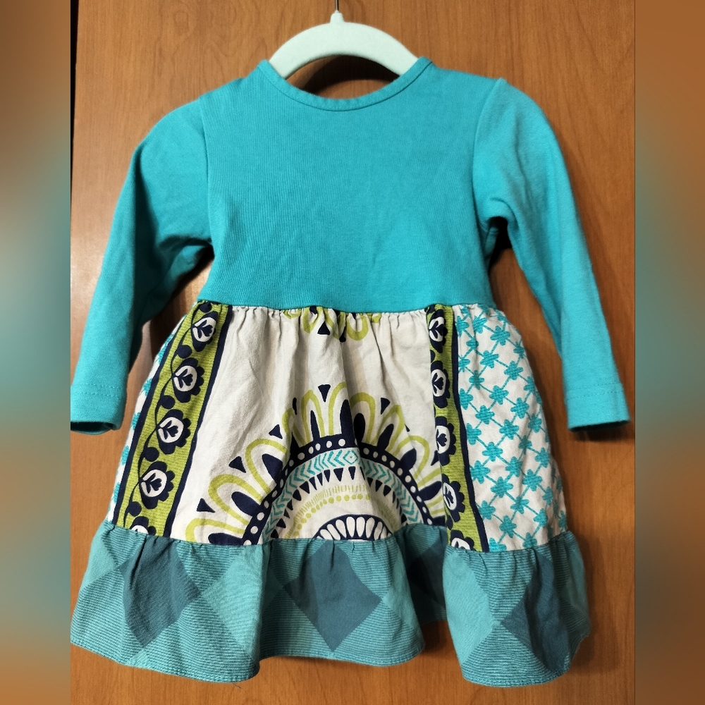 Y2K Ricrac & Ruffles Colorful Turquoise Blue/Green/White Boho Ruffle Dress 24M